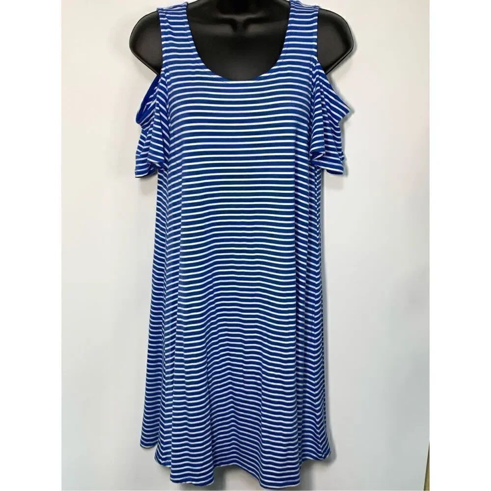 Cupio Women's Striped Scoop Neck Cold Shoulder Shift Dress Blue & White Small